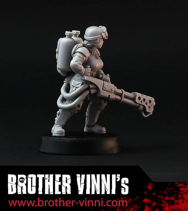 Female Special Weapon - Flame Thrower, miniature grimdark Guard Girl - 28mm, resin