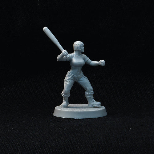 Hooligan girl (skingirl) in jeans armed with baseball-bat, 28 mm wargame miniature.