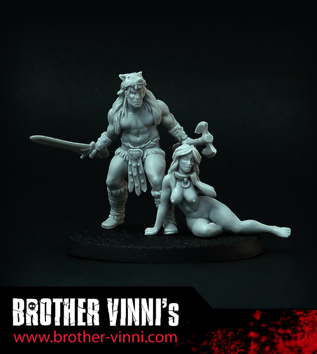 Barbarian with Girl fantasy miniature for wargames, 28mm resin by Brother Vinni.