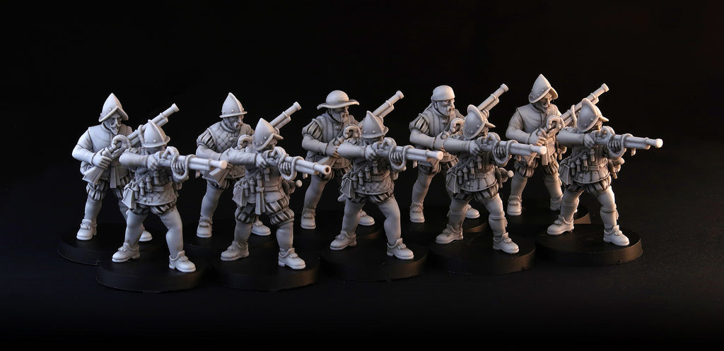 Spanish Hand Gunners wargame miniature set, 28mm musketeers