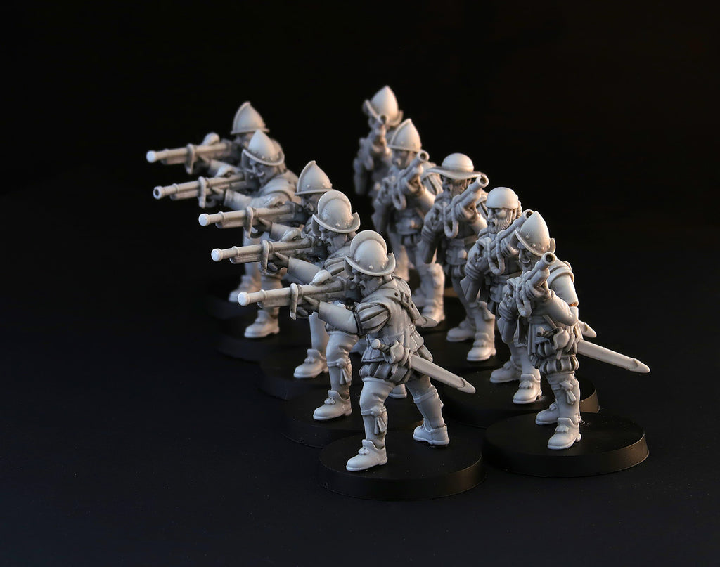 Spanish Hand Gunners wargame miniature set, 28mm musketeers