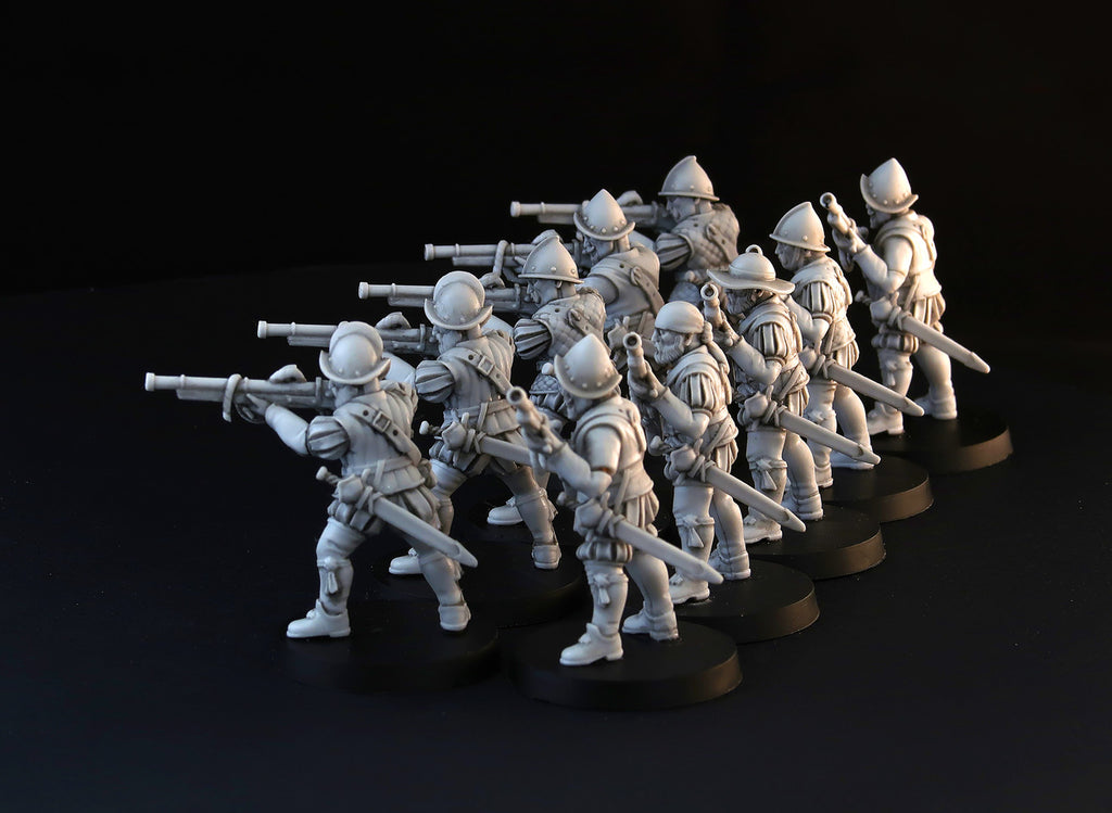 Spanish Hand Gunners wargame miniature set, 28mm musketeers