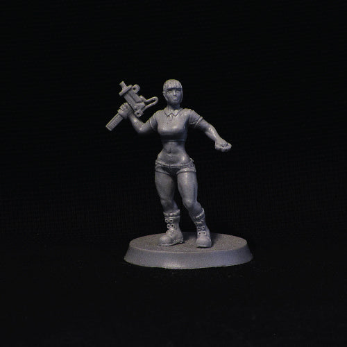 Hooligan girl (skinhead girl) in short jeans armed with "ingram" gun, 28 mm wargame miniature