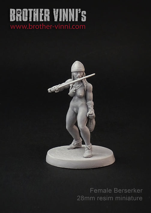 Female Berserker miniature by Brother Vinni. 28mm resin for playing SAGA