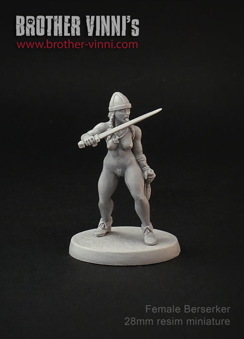 Female Berserker miniature by Brother Vinni. 28mm resin for playing SAGA