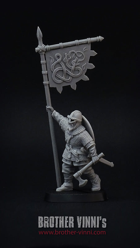 Viking Banner-Bearer miniature for SAGA, 28mm resin by Brother Vinni.