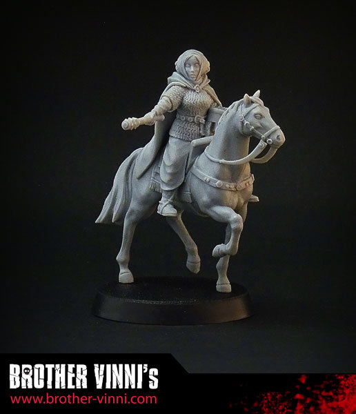 Female Mounted Knight miniature for SAGA, 28mm resin by Brother Vinni.