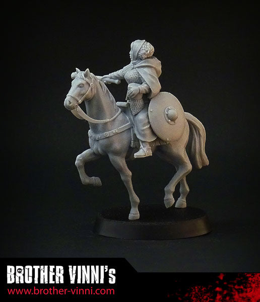 Female Mounted Knight miniature for SAGA, 28mm resin by Brother Vinni.