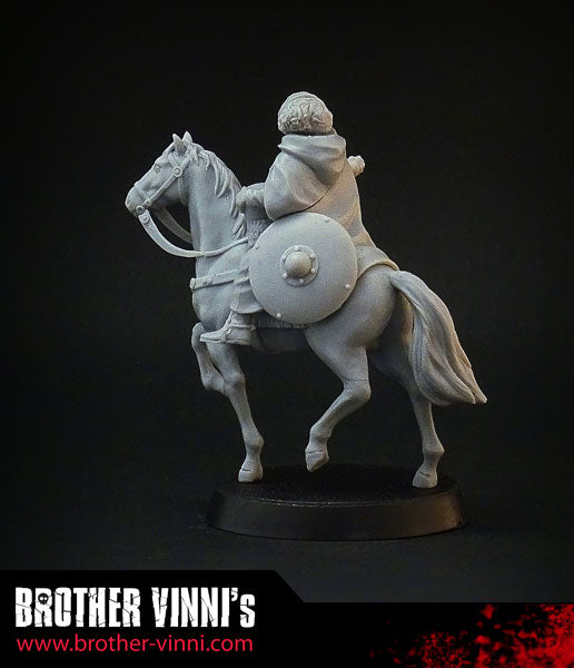 Female Mounted Knight miniature for SAGA, 28mm resin by Brother Vinni.