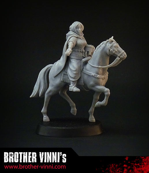 Female Mounted Knight miniature for SAGA, 28mm resin by Brother Vinni.